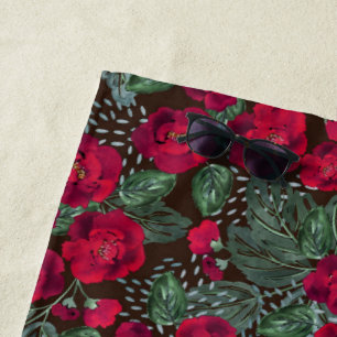 Toalla De Playa Flores rojas, acuarela floral.
