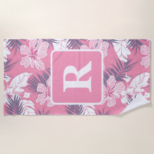 Toalla De Playa Flores rosadas tropicales Monograma frazada de lan