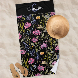 Toalla De Playa Flores silvestres florales negras bonitas Patrón e