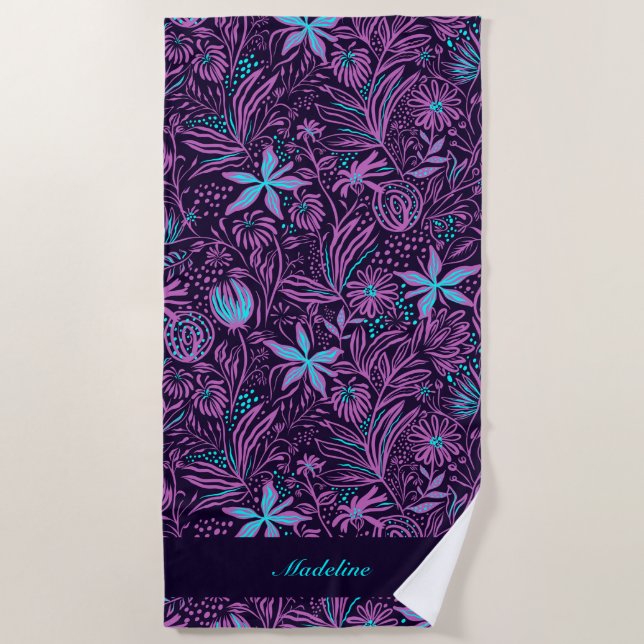 Toalla De Playa Flores tropicales moradas y azules| Personalizado (Anverso)