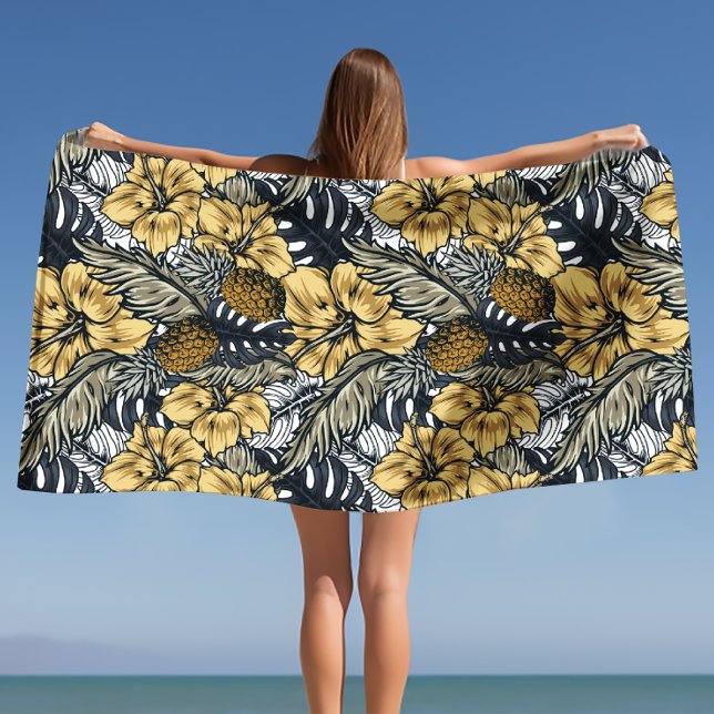 Toalla De Playa Flores tropicales negras de lujo elegante Gold N' (Luxury Elegant Gold N' Black Tropical Flowers Beach Towel)