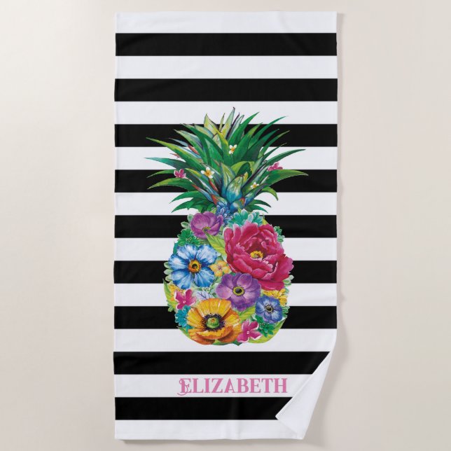 Toalla De Playa Flores tropicales Pineapple Black Stripes (Anverso)