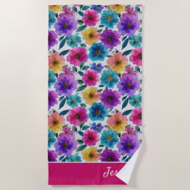 Toalla De Playa Flores vibrantes Flores Flores acuarela Nombre flo