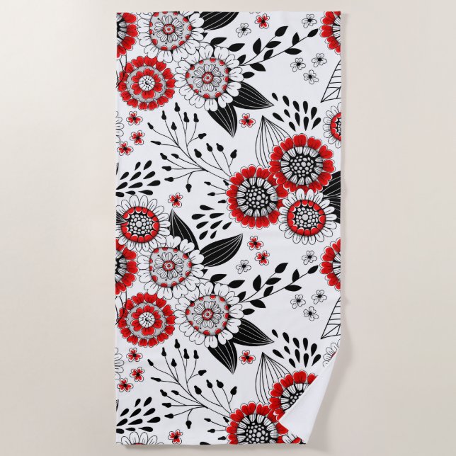 Toalla De Playa Flores y hojas de perro en rojo y negro (Anverso)