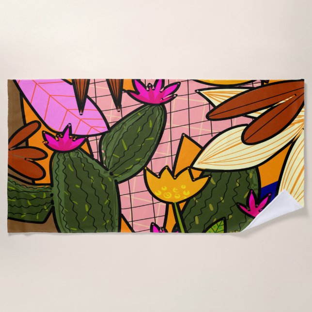 Toalla De Playa Flores y hojas tropicales abstractas (Anverso)