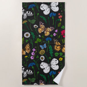Toalla De Playa Flores y mariposas silvestres en negro