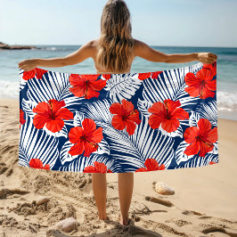 Toalla De Playa Foliage Rojo Floral Tropical Hibiscus