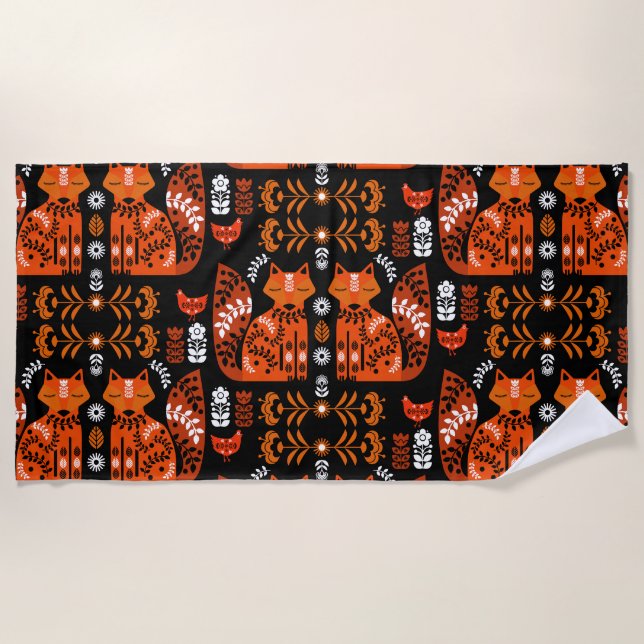 Toalla De Playa Folk Art Fox Y Hen (Anverso)