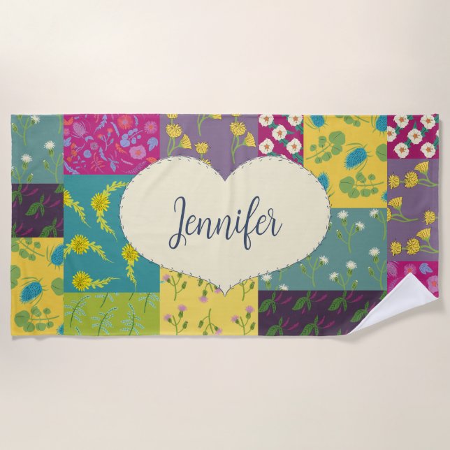 Toalla De Playa Forma de corazón y tejido de trabajo en patchwork  (Anverso)