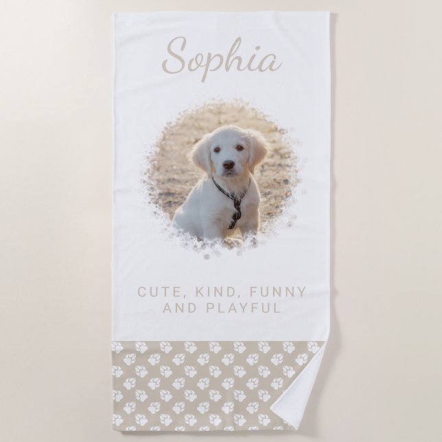 Toalla De Playa Foto de su Mascota y notas blancas en beige y Pers (Anverso)