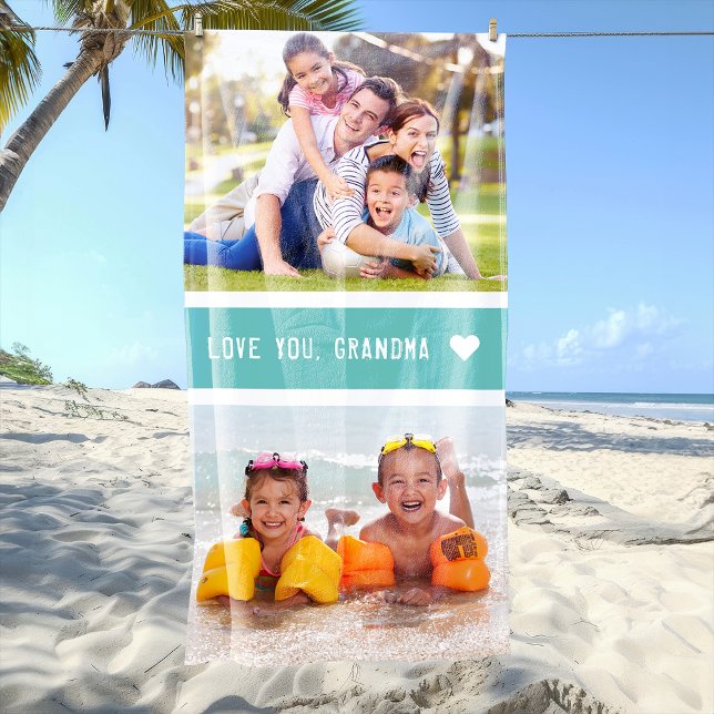 Toalla De Playa Fotos Verde azuladas de las fotos de tu abuela con (Modern Love You Grandma Photos Teal Beach Towel)