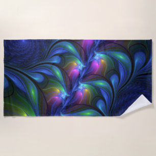 Toalla De Playa Fractal verde rosa azul luminoso colorido abstract
