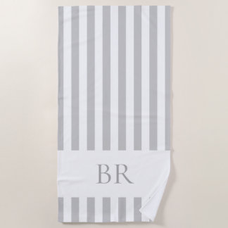 Toalla De Playa Franja de cabana gris con monograma personalizado