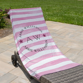 Toalla De Playa franjas rosadas personalizadas monogramo
