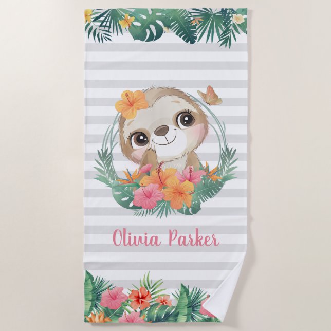 Toalla De Playa Fronteras tropicales Hibiscus Flowers Sloth Person (Anverso)