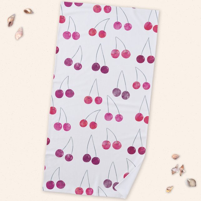 Toalla De Playa Fruta acuática de cerezo (Mediterranean cherry watercolor pattern beach towel)