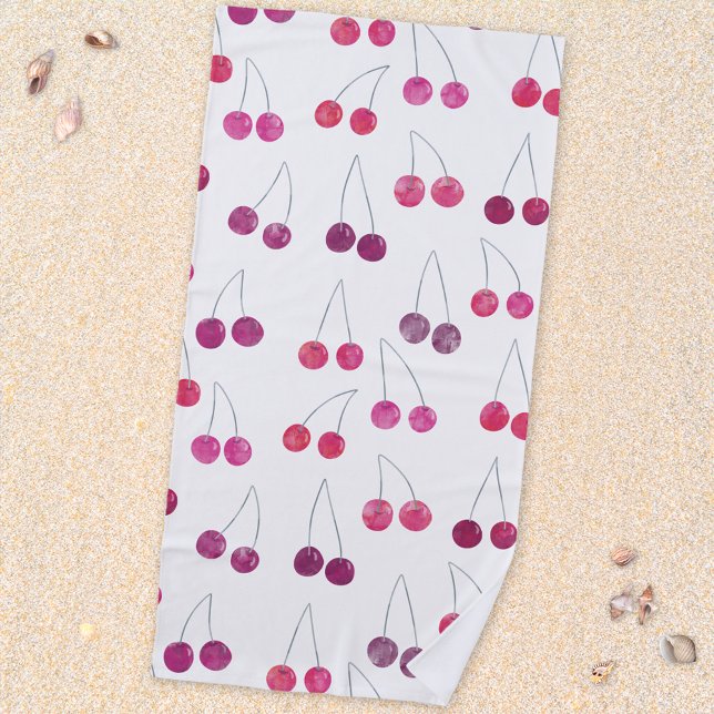 Toalla De Playa Fruta acuática de cerezo (Mediterranean cherry watercolor pattern beach towel)
