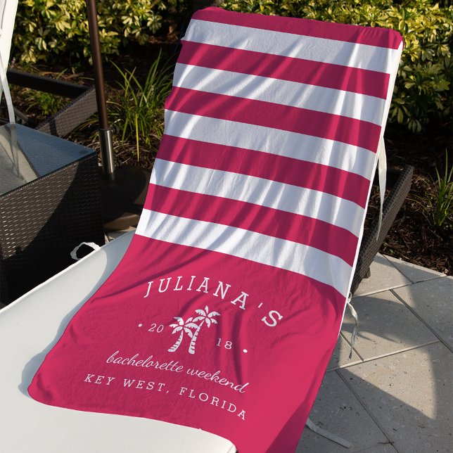Toalla De Playa Fuchsia Stripe Personalizado Bachelorette Weekend (Subido por el creador)