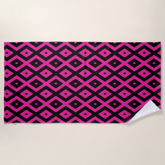 Toalla De Playa Fuchsia y patrón de diamante negro (Anverso)