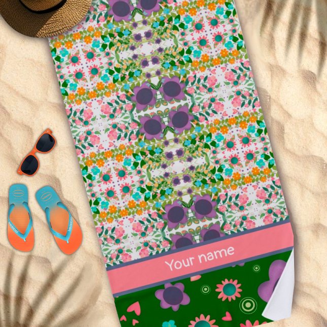 Toalla De Playa Fun Purple Floral Custom Name Pattern Trendy (Subido por el creador)