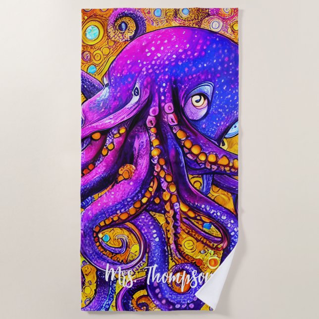 Toalla De Playa Fun Watercolor Octopus con nombre personalizado (Anverso)