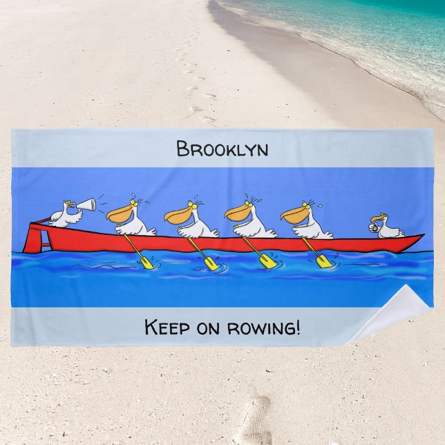 Toalla De Playa Funny pelícanos personalizado del equipo de remo p (Have fun at the beach with this rowing pelicans cartoon towel.)