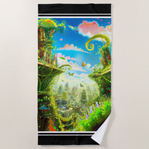 Toalla De Playa Futurista ciudad de la planta colorida, arte gener