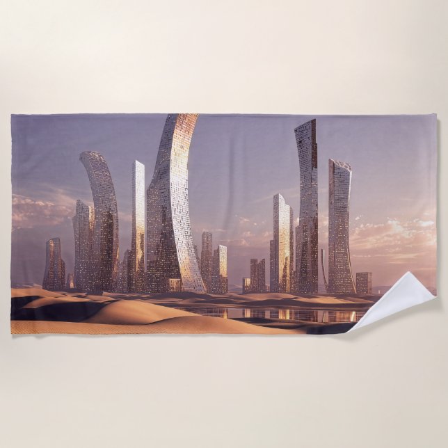 Toalla De Playa Futuristic Surreal Skyscrapers In Desert Landscape (Anverso)