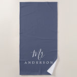 Toalla De Playa Futuro de moda Sr. Blue Indigo Monograma<br><div class="desc">toalla de playa monogramada de color azul moda con el texto Mr. en blanco elegante caligrafía de escritura. Puede personalizar esta toalla de playa de lujo con su nombre casado. Un regalo perfecto para la pareja recién casada con la toalla de playa Mrs o para la ducha de novia. Diseñado...</div>