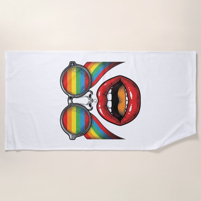 Toalla De Playa Gafas de sol arcoíris retro cara labios diseño vec (Anverso)