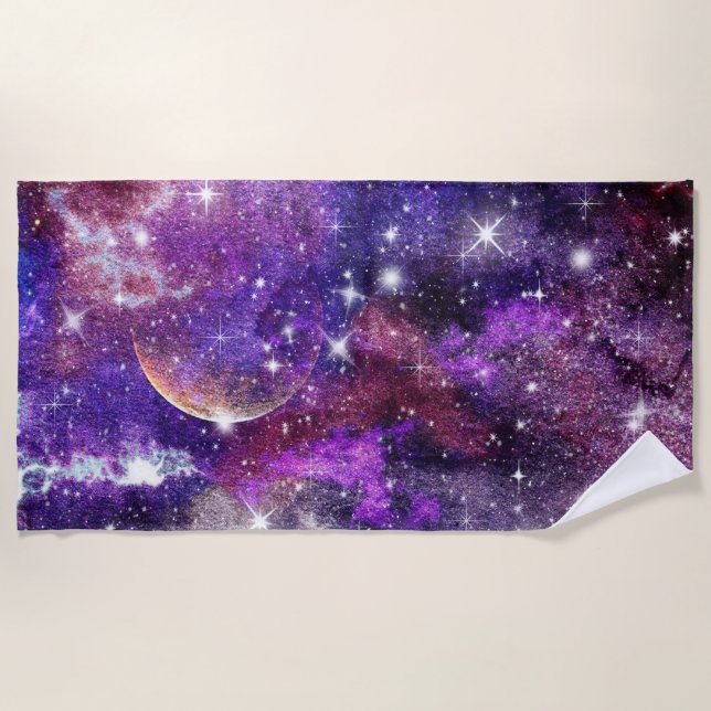 Toalla De Playa Galaxia Violeta Vía Láctea Con Planeta (Anverso)