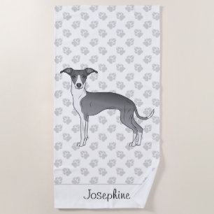 Toalla De Playa Galgo Italiano Azul y Blanco con Nombre Personaliz