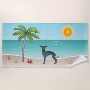 Toalla De Playa Galgo Italiano Negro en Playa Tropical de Verano -