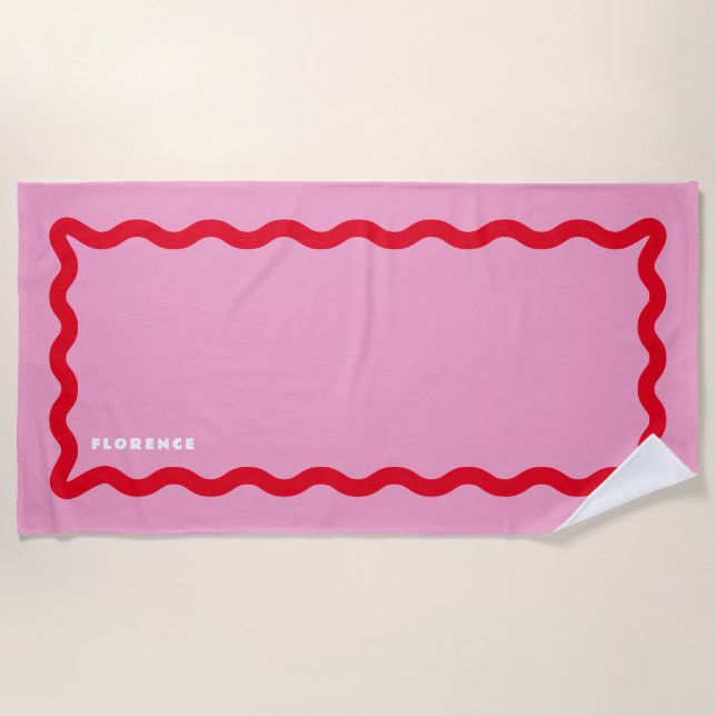 Toalla De Playa Garabato rosa y rojo con texto (Anverso)