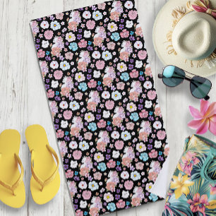 Toalla De Playa Gato Blanco Floral Pastel Botánico Romántico Negro