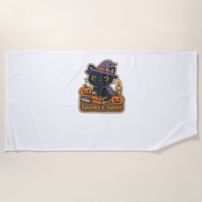 Toalla De Playa Gato de Halloween con libros mágicos - Fantasía y  (Anverso)