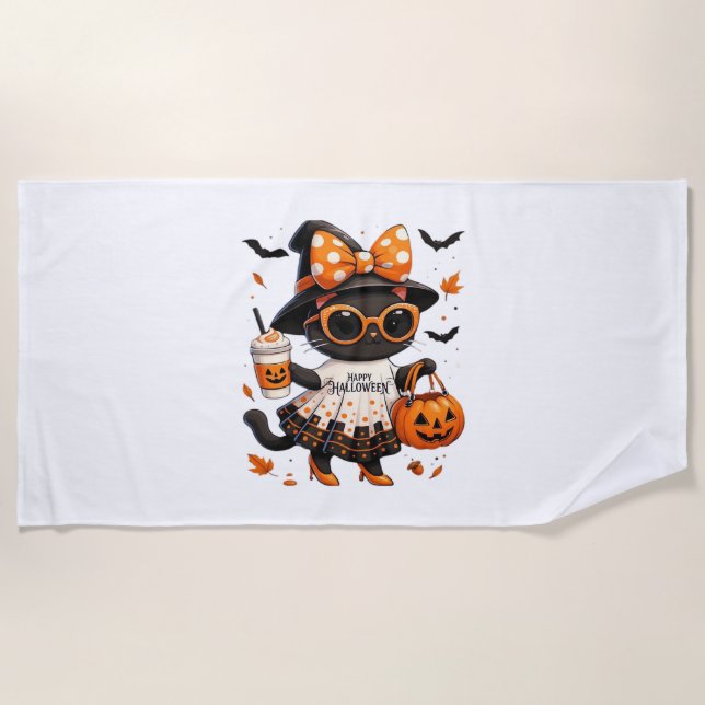 Toalla De Playa Gato de Halloween Kawaii - Gato de bruja con calab (Anverso)