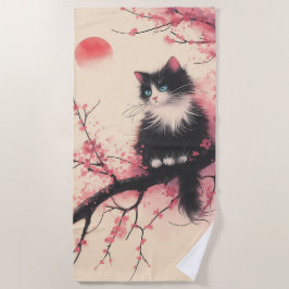 Toalla De Playa Gato de Tuxedo en estética japonesa florece cerezo