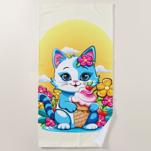 Toalla De Playa Gato Kitty con helado Summer Kawaii Personaje (Anverso)