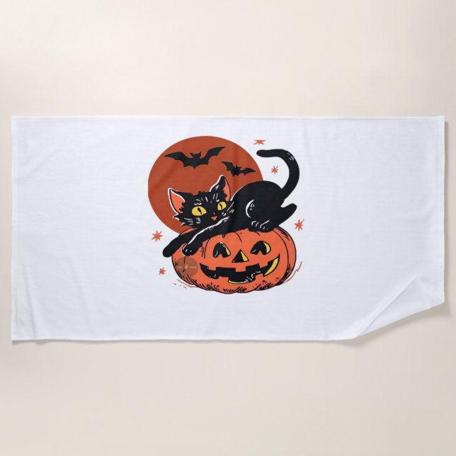 Toalla De Playa Gato negro, camiseta clásica de Halloween nostálgi (Anverso)