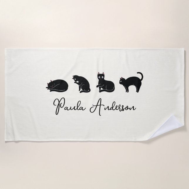 Toalla De Playa Gato negro gracioso personalizable (Anverso)