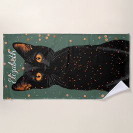 Toalla De Playa Gato negro místico con ojos Naranjas y Purpurina
