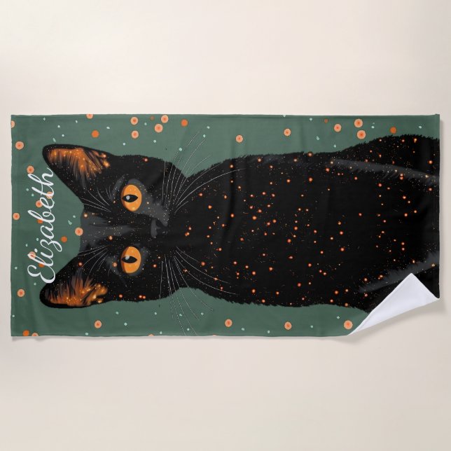 Toalla De Playa Gato negro místico con ojos Naranjas y Purpurina (Anverso)
