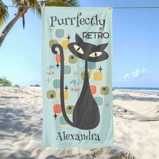 Toalla De Playa Gato negro puramente retro a mediados del siglo (Purrfectly Retro Black Cat Mid Century Beach Towel)
