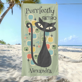 Toalla De Playa Gato negro puramente retro a mediados del siglo
