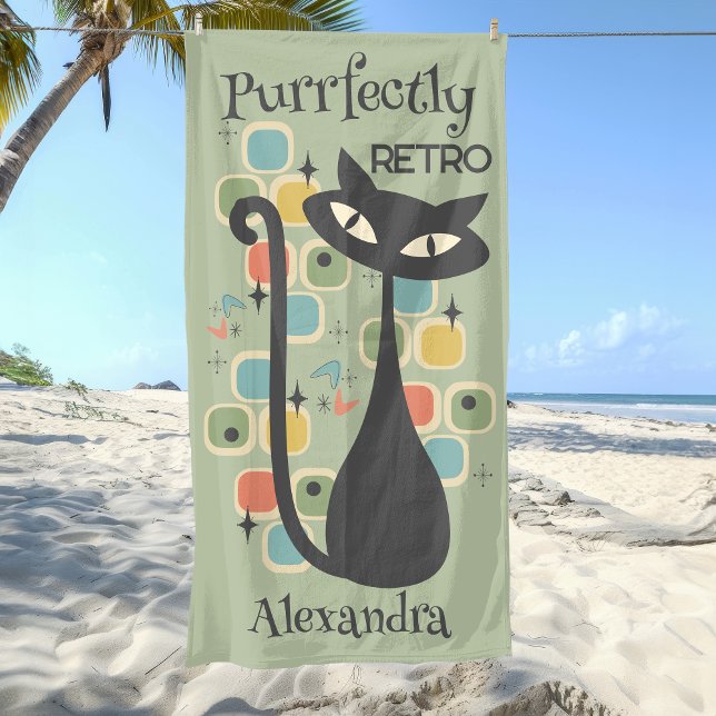 Toalla De Playa Gato negro puramente retro a mediados del siglo (Purrfectly Retro Black Cat Mid Century Beach Towel)