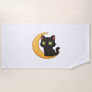 Toalla De Playa Gato negro sonriente con ojos verdes brillantes se
