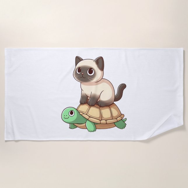 Toalla De Playa Gato siamés monta una tortuga (Anverso)