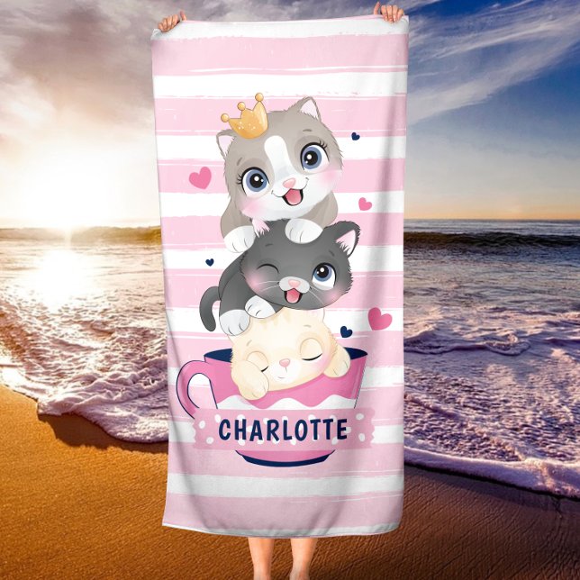 Toalla De Playa Gatos Personalizados Cutetos apilados Tiras Rojas  (Subido por el creador)
