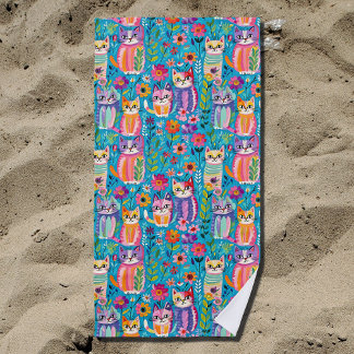 Toalla De Playa Gatos y flores coloridas Feliz